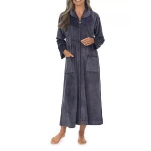 Eileen West Robe Velour Long Sleeve Zip S/M Pockets Satin Trim Plush Comfy Maxi